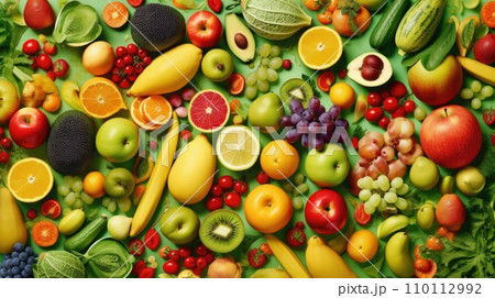 Top view of Different fresh organic vegetables and fruits. Food background. Top view of Different fresh organic vegetables and fruits. Food background. 110112992