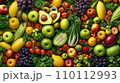Top view of Different fresh organic vegetables and fruits. Food background. 110112993