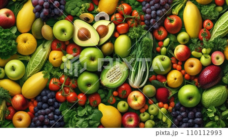 Top view of Different fresh organic vegetables and fruits. Food background. 110112993