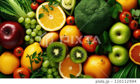 Top view of Different fresh organic vegetables and fruits. Food background. 110112994