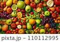 Top view of Different fresh organic vegetables and fruits. Food background. 110112995