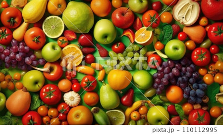 Top view of Different fresh organic vegetables and fruits. Food background. 110112995