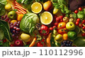Top view of Different fresh organic vegetables and fruits. Food background. 110112996