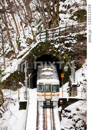 【高山本線】トンネルを抜け鉄橋を渡る普通列車 110113159