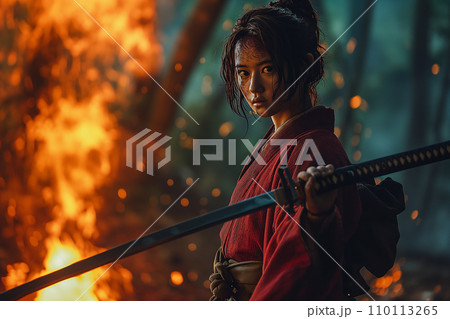 強敵と戦う炎の剣士　AI画像 110113265