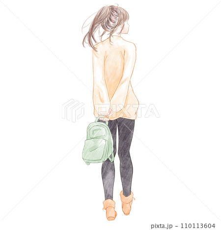 街中を歩く若い女性 後ろ姿 ポニーテールのイラスト素材 [110113604