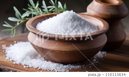 AI-generated content. white salt on wooden background. 110113634