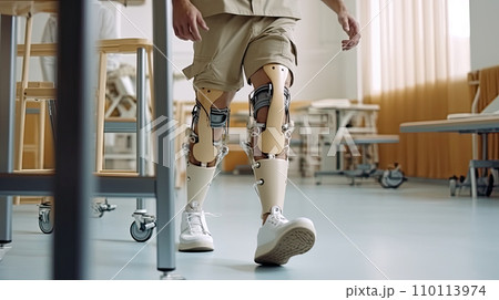 AI-generated content. medical prosthetics clinic. Soldiers suffering from mine explosion injuries. Bionic prosthetic legs. 110113974