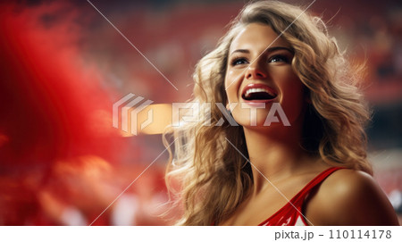 AI-generated content. Beauty cheerleaders in action close up portrait. Concept of unity and team sport. Training at college high school with young female teenagers. Close up portrait. 110114178