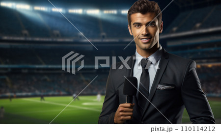 AI-generated content. Sports journalist comments on a football match at stadium 110114212