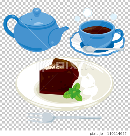 A set of gateau chocolate and hot coffee on a plate A set of gateau chocolate and hot coffee on a plate 110114635