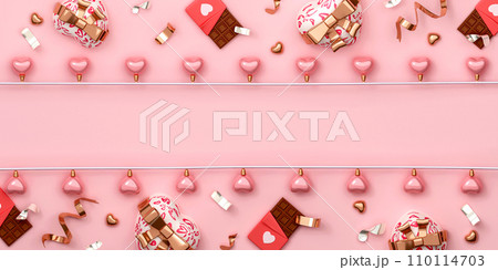 Happy Valentines day Mother's Day background with text copy space. realistic heart balloon, heart arrow, gift box and rose gold confetti. Top view. 3D rendering illustration Happy Valentines day Mother's Day background with text copy space. realistic heart balloon, heart arrow, gift box and rose gold confetti. Top view. 3D rendering illustration 110114703