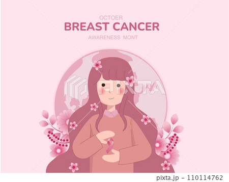 breast cancer awareness month for disease prevention campaign and woman with pink support ribbon symbol on chest concept, vector illustration. breast cancer awareness month for disease prevention campaign and woman with pink support ribbon symbol on chest concept, vector illustration. 110114762