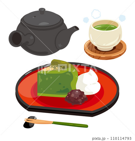 おぼんに盛られた抹茶のガトーショコラとお茶のセット 110114793