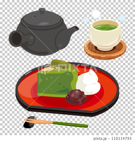 一套抹茶蛋糕巧克力和茶裝在碗裡 一套抹茶蛋糕巧克力和茶裝在碗裡 110114793