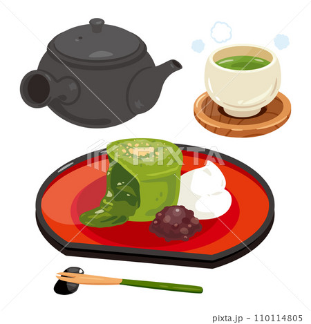 皿に盛られた抹茶のフォンダンショコラとお茶のセット 110114805
