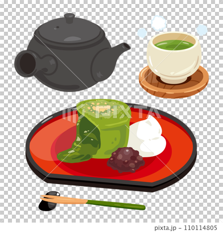 皿に盛られた抹茶のフォンダンショコラとお茶のセット 110114805