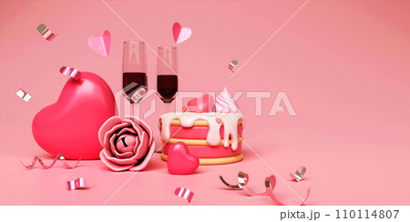 3D cake, champagne and heart shape balloons with confetti around. 3d scene design. Suitable for Valentine's Day and Mother's Day. 3D rendering illustration 110114807