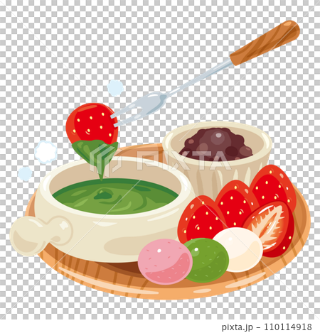 皿に盛られたフルーツや白玉と抹茶チョコレートフォンデュ 110114918
