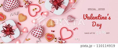 Valentines Day sale with heart shaped balloons, gift box and ball light decor. Holiday illustration banner special discount for valentine and mother day design. 3d Rendering 110114919