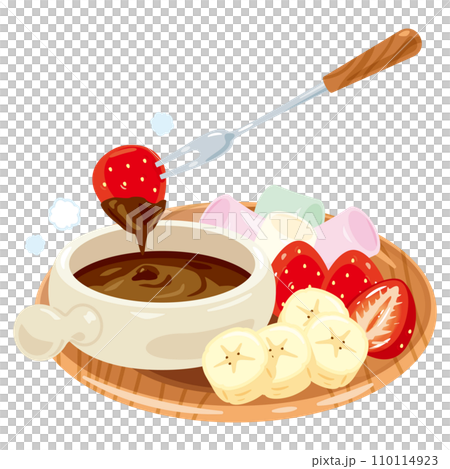 Fruits, marshmallows and chocolate fondue on a plate Fruits, marshmallows and chocolate fondue on a plate 110114923