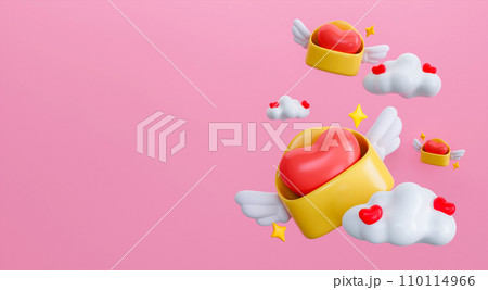 Yellow envelope with wings and red heart. Be my Valentine. Happy Valentine's Day banner copy space for text. 3D rendering illustration Yellow envelope with wings and red heart. Be my Valentine. Happy Valentine's Day banner copy space for text. 3D rendering illustration 110114966