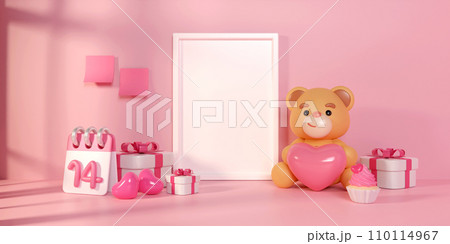 Mock up poster frame in children room with gift box and pink heart, kids room, Valentine's day. blank board for copy space. 3D rendering illustration Mock up poster frame in children room with gift box and pink heart, kids room, Valentine's day. blank board for copy space. 3D rendering illustration 110114967