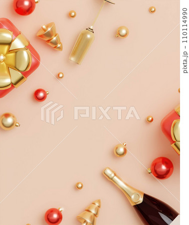 Merry Christmas and Happy New Year. Xmas Background top view, gold Christmas tree, gold balls and champagne bottle. Christmas poster, holiday banner layout. 3d render Merry Christmas and Happy New Year. Xmas Background top view, gold Christmas tree, gold balls and champagne bottle. Christmas poster, holiday banner layout. 3d render 110114990