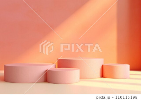 夕方の光の中のサーモンピンクの背景と四つの丸い展示台がある抽象バナー。AI生成画像 110115198