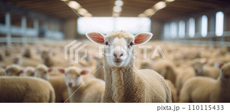 AI-generated content. Cute sheep stand quietly in straw in a stable and look at the camera 110115433