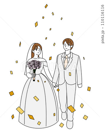 手をつないで幸せそうに歩く新郎新婦と紙吹雪 手をつないで幸せそうに歩く新郎新婦と紙吹雪 110116116