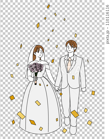 手をつないで幸せそうに歩く新郎新婦と紙吹雪 手をつないで幸せそうに歩く新郎新婦と紙吹雪 110116116