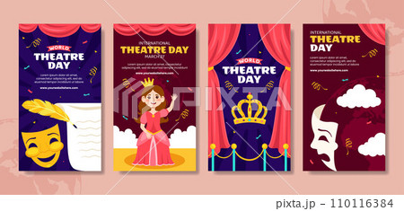 Theatre Day Social Media Stories Flat Cartoon Hand Drawn Templates Background Illustration 110116384