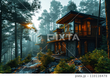 project of environmentally friendly country houses with sustainable design and care for ecosystems, innovative concepts integrated into modern construction using environmentally friendly materials 110116478