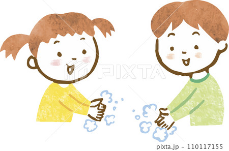 手を洗っている男の子と女の子の手描きイラスト 110117155