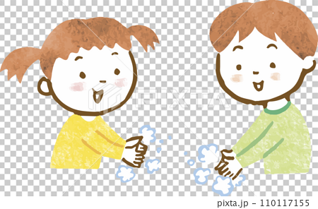 手を洗っている男の子と女の子の手描きイラスト 110117155