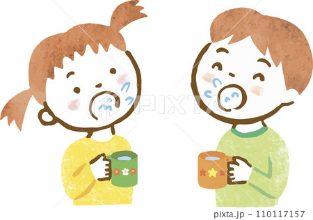 うがいをしている男の子と女の子の手描きイラスト うがいをしている男の子と女の子の手描きイラスト 110117157
