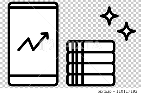 投資で収益を出したイメージ、スマホのチャートとコインのアイコン、シンプルな線画イラスト 投資で収益を出したイメージ、スマホのチャートとコインのアイコン、シンプルな線画イラスト 110117192