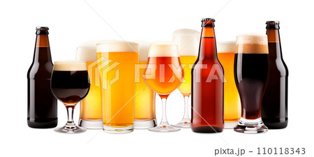 Set of Beer glasses and bottles on a white background. Mugs with drink like Ipa, Pale Ale, Pilsner, Porter or Stout Set of Beer glasses and bottles on a white background. Mugs with drink like Ipa, Pale Ale, Pilsner, Porter or Stout 110118343