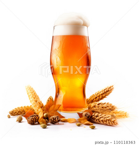 Beer in mug with wheat ears spikelets on white background. Mugs with drink like Ipa, Pale Ale, Pilsner, Porter or Stout 110118363