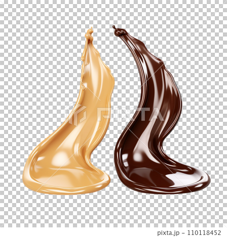 AI-generated content. dark chocolate and sweet caramel sauce swirls splashes 110118452