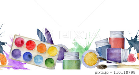 Watercolor hand drawn illustration, kids children painting materials supplies art stationery, crayons palette brushes splash. Seamless border isolated on white. For school, kindergarten, party, cards. 110118799
