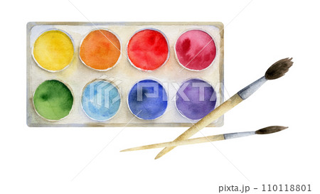 Watercolor hand drawn illustration, kids children painting materials supplies, art palette and brushes stationery. Composition isolated on white. For school, kindergarten, party, cards, website, shop 110118801