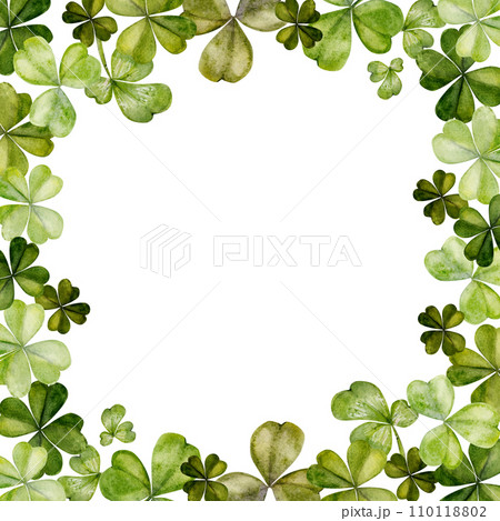 Watercolor hand drawn illustration, Saint Patrick holiday. Leprechaun green lucky clover shamrock. Ireland tradition. Square frame Isolated on white background. For invitations, print, website, cards. Watercolor hand drawn illustration, Saint Patrick holiday. Leprechaun green lucky clover shamrock. Ireland tradition. Square frame Isolated on white background. For invitations, print, website, cards. 110118802