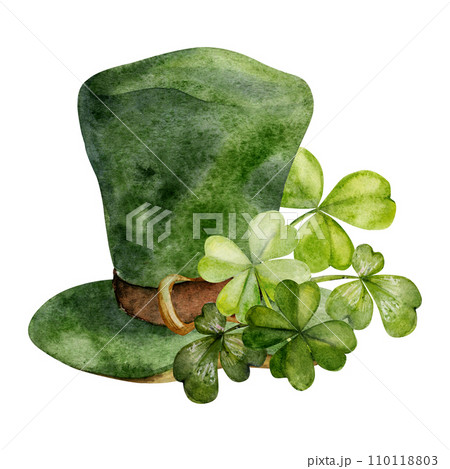 Watercolor hand drawn illustration, Saint Patrick holiday. Leprechaun green hat with buckle, lucky clover shamrock. Ireland tradition. Isolated on white background. Invitations, print, website, cards. Watercolor hand drawn illustration, Saint Patrick holiday. Leprechaun green hat with buckle, lucky clover shamrock. Ireland tradition. Isolated on white background. Invitations, print, website, cards. 110118803