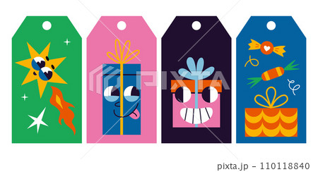 Festive gift tags and cards. Comic groovy characters, holiday attributes, cartoon style. Trendy modern vector illustration, flat design Festive gift tags and cards. Comic groovy characters, holiday attributes, cartoon style. Trendy modern vector illustration, flat design 110118840