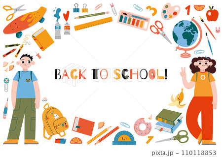 Back to school horizontal banner with round frame, cartoon style. Classmates kids characters, cute stationery and art supplies. Trendy modern vector illustration isolated on white, flat design Back to school horizontal banner with round frame, cartoon style. Classmates kids characters, cute stationery and art supplies. Trendy modern vector illustration isolated on white, flat design 110118853