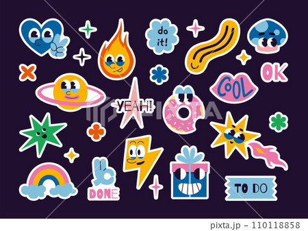 Set of stickers for planner and diaries, vector flat illustration. Comic groovy characters such as heart, emoji and stars in space, cartoon trendy image. 70s funny cute retro sticker pack 110118858