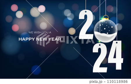 Happy New Year 2024 white paper number stars glass ball bokeh blur on dark blue luxury design for holiday festival celebration countdown background vector Happy New Year 2024 white paper number stars glass ball bokeh blur on dark blue luxury design for holiday festival celebration countdown background vector 110118986