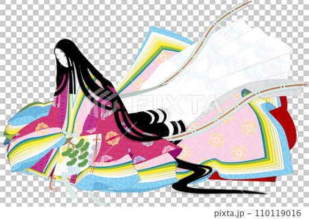 Image illustration of a woman wearing a junihitoe in the style of a Heian emaki 110119016